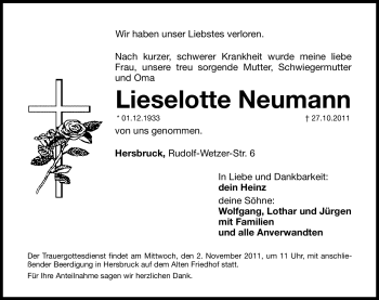 Traueranzeige von Lieselotte Neumann von Hersbrucker Zeitung